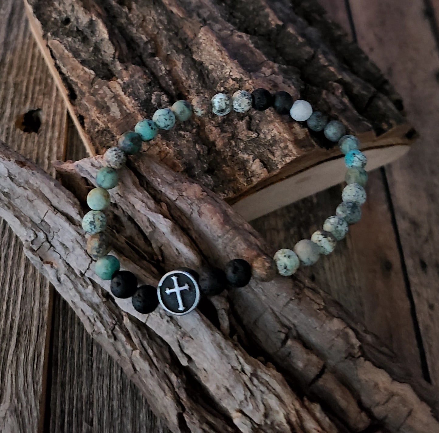 African Turquoise and Black Jasper Cross Bracelet